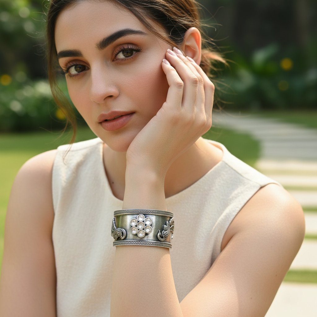 Sangeeta Boochra Peacock Motif Oxidised Silver Statement Cuff