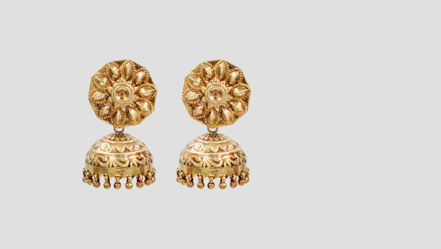 Sangeeta Boochra Floral Motif Gold Plated Jhumka Earrings