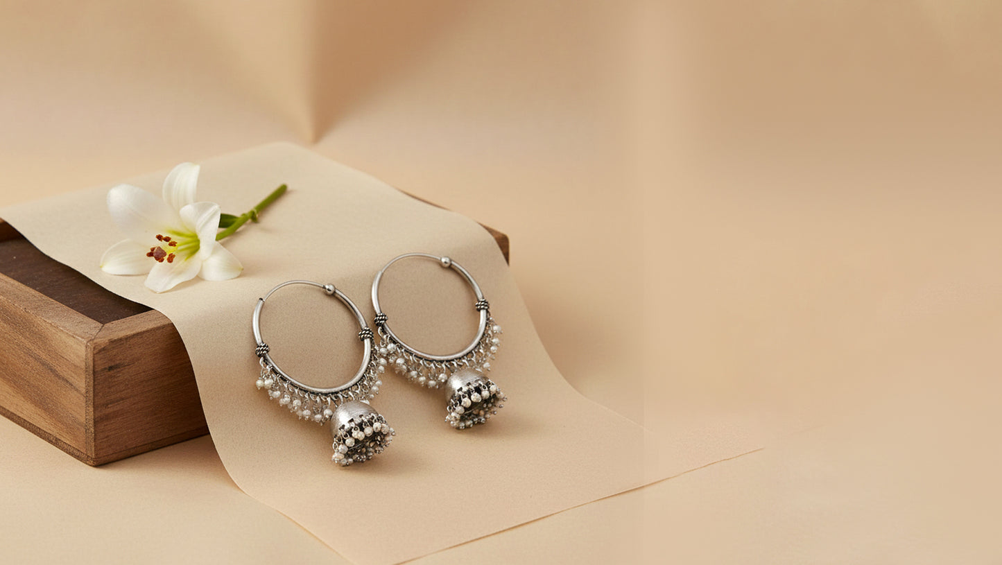Classic Silver Hoop Jhumka Earrings by Sangeeta Boochra