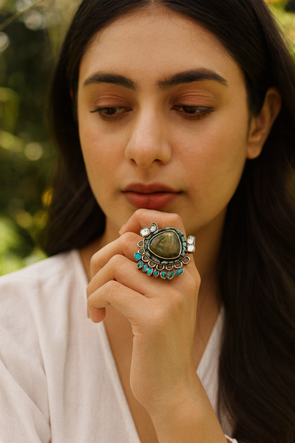 Sangeeta Boochra Handcrafted Silver Labradorite Statement Ring