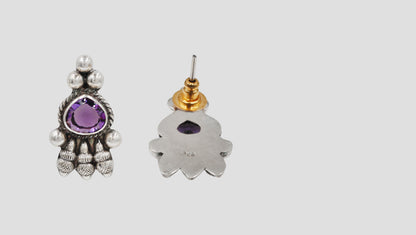 Oxidised Silver Stud Earrings with Purple Teardrop Stone – Sangeeta Boochra