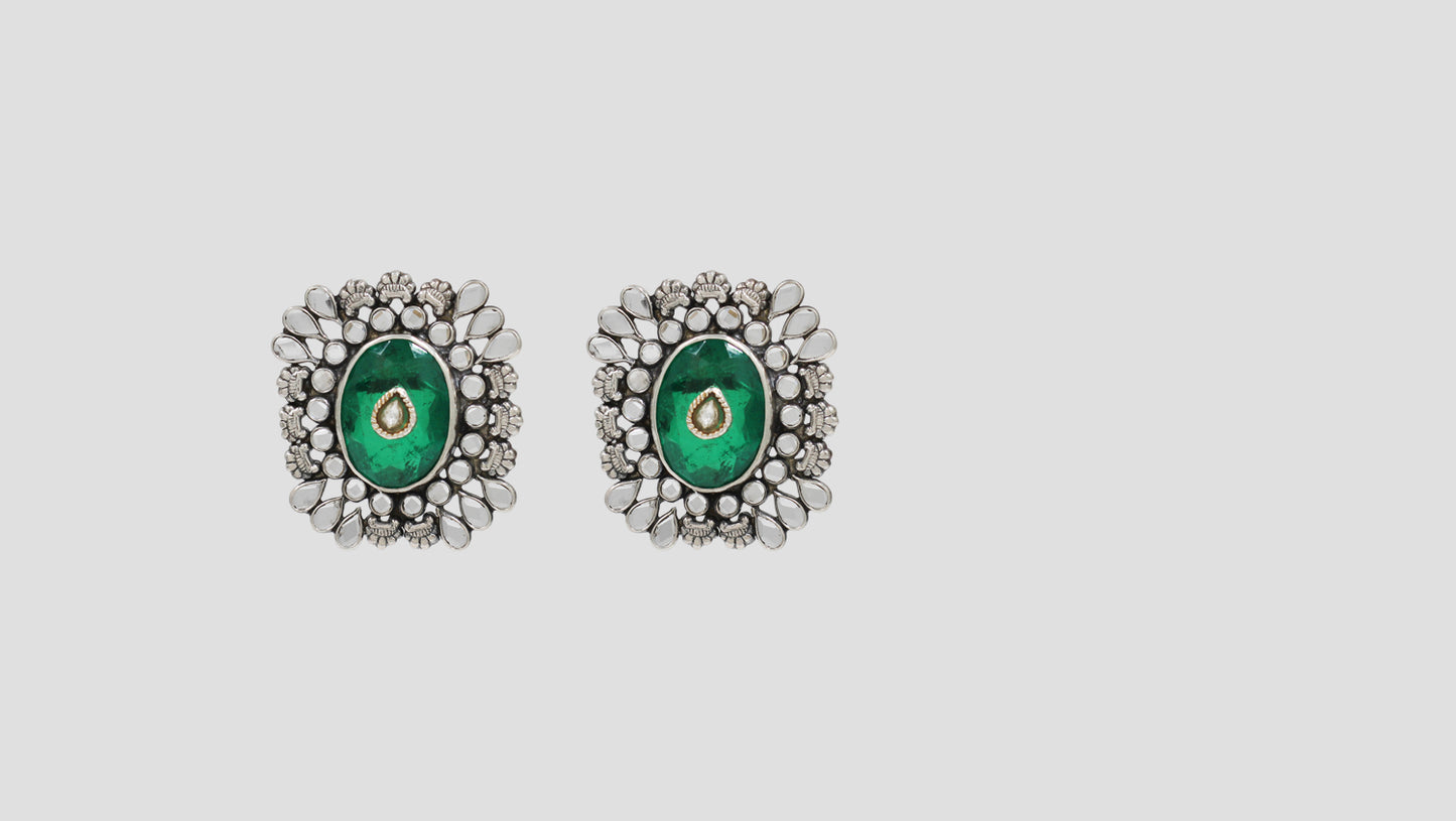 Sangeeta Boochra Royal Green Stone Floral Silver Earrings
