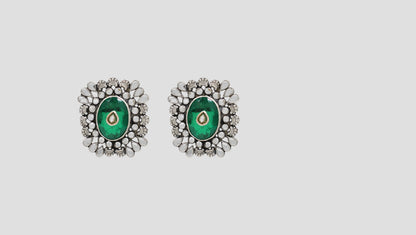 Sangeeta Boochra Royal Green Stone Floral Silver Earrings