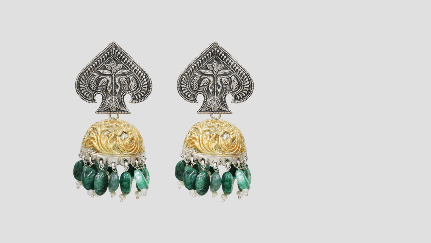 Sangeeta Boochra Dual Tone Green Bead Jhumka Earrings