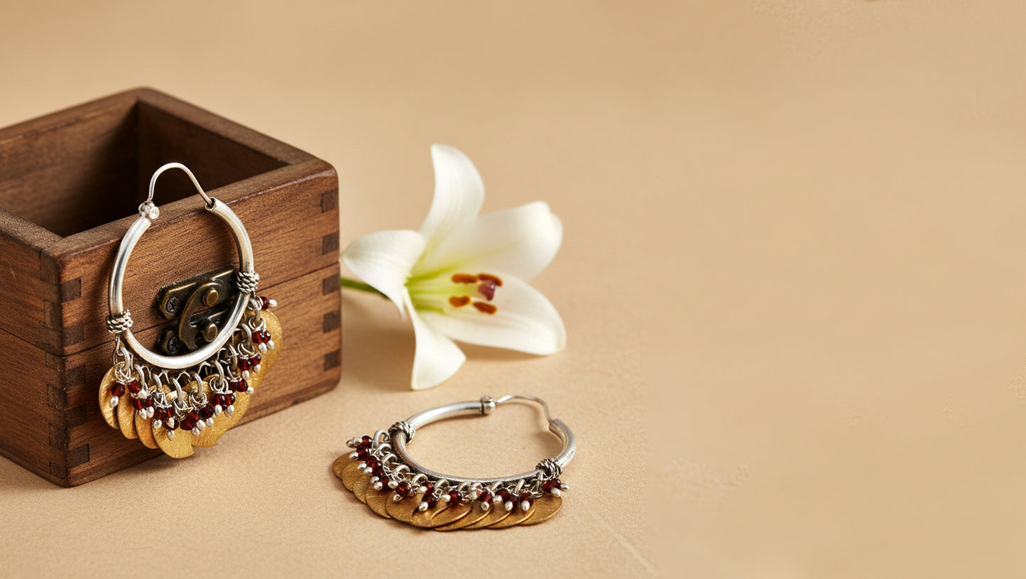 Sangeeta Boochra Handcrafted Silver Hoops with Golden Leaf Charms