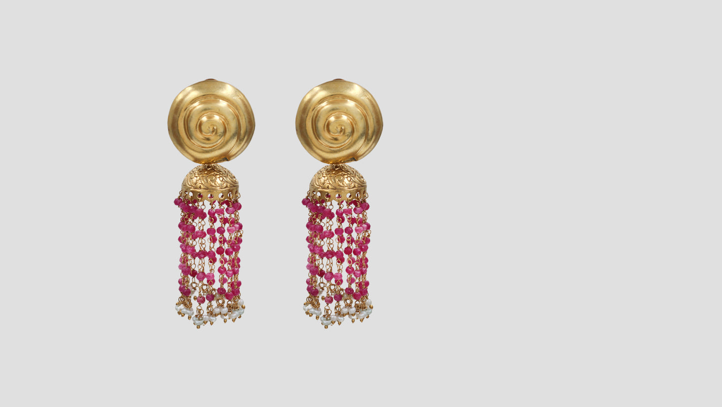 Sangeeta Boochra Elegant Gold Plated Pink Bead & Pearl Tassel Earrings