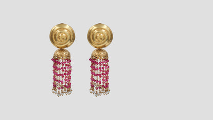 Sangeeta Boochra Elegant Gold Plated Pink Bead & Pearl Tassel Earrings