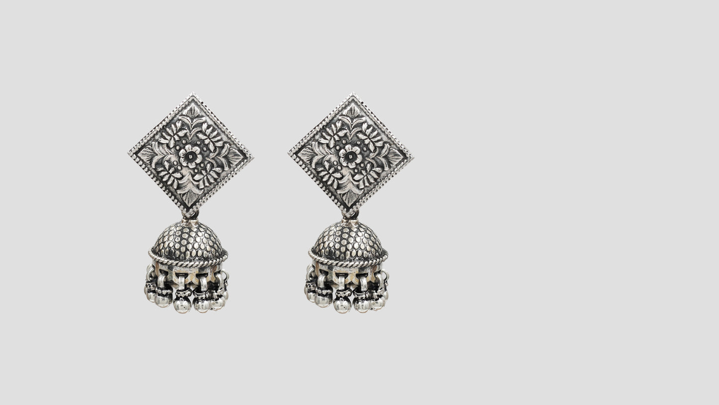 Sangeeta Boochra Artisan Oxidised Silver Square Stud Jhumkas