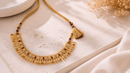 Gold-Plated Silver Statement Necklace with Ruby Red & White Stones – Sangeeta Boochra