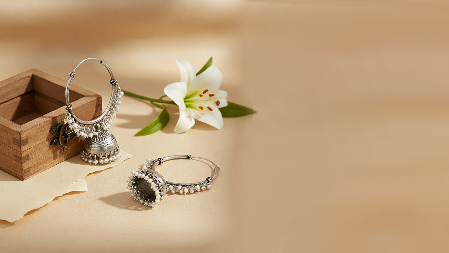 Classic Silver Hoop Jhumka Earrings by Sangeeta Boochra