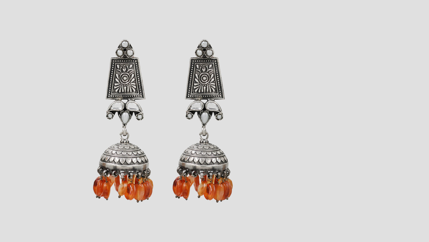 Sangeeta Boochra Heritage Oxidised Silver Earrings with Orange Hanging Beads