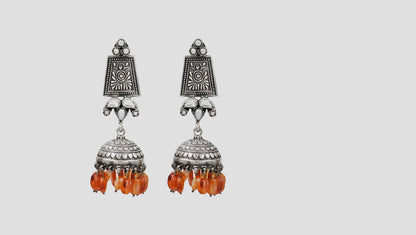 Sangeeta Boochra Heritage Oxidised Silver Earrings with Orange Hanging Beads