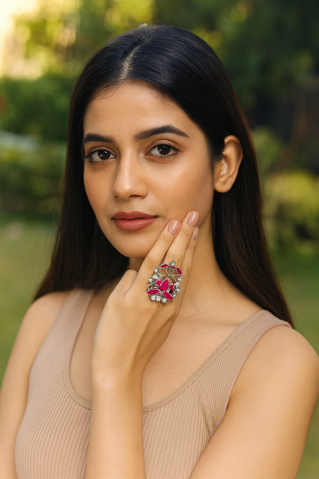 Sangeeta Boochra Silver Ring | Handcrafted with Ruby Red  Accents