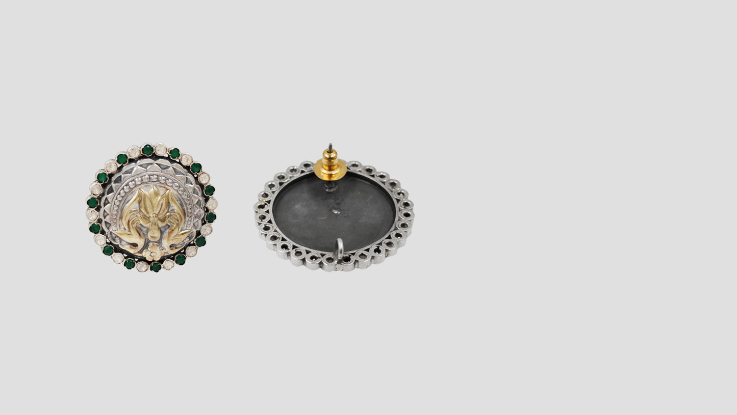 Sangeeta Boochra Handcrafted Dual Plated Silver Lotus Stud Earrings with Green & White Stones
