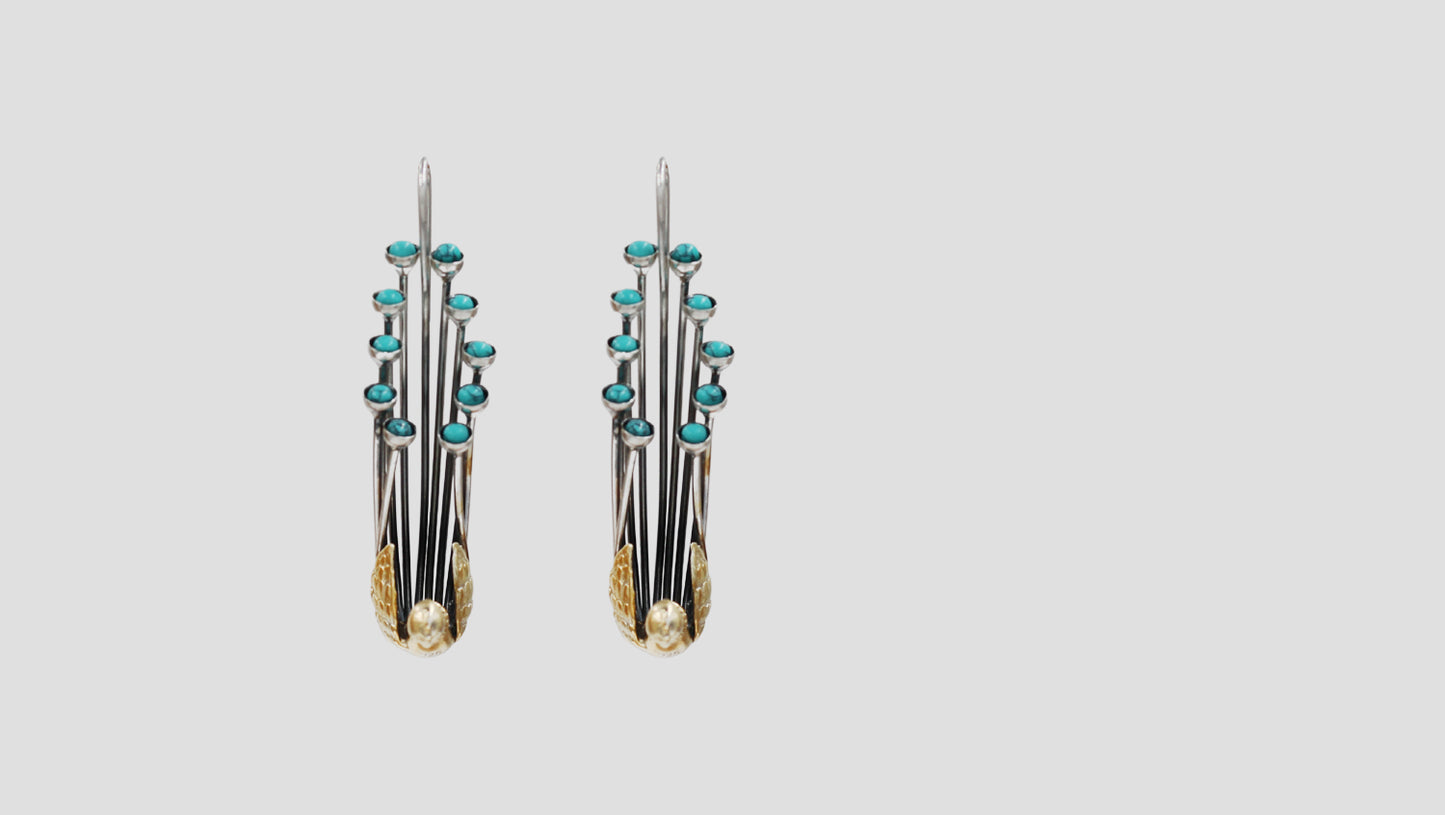 Sangeeta Boochra Handcrafted Dual Tone Peacock Motif Silver Earrings with Turquoise Stones