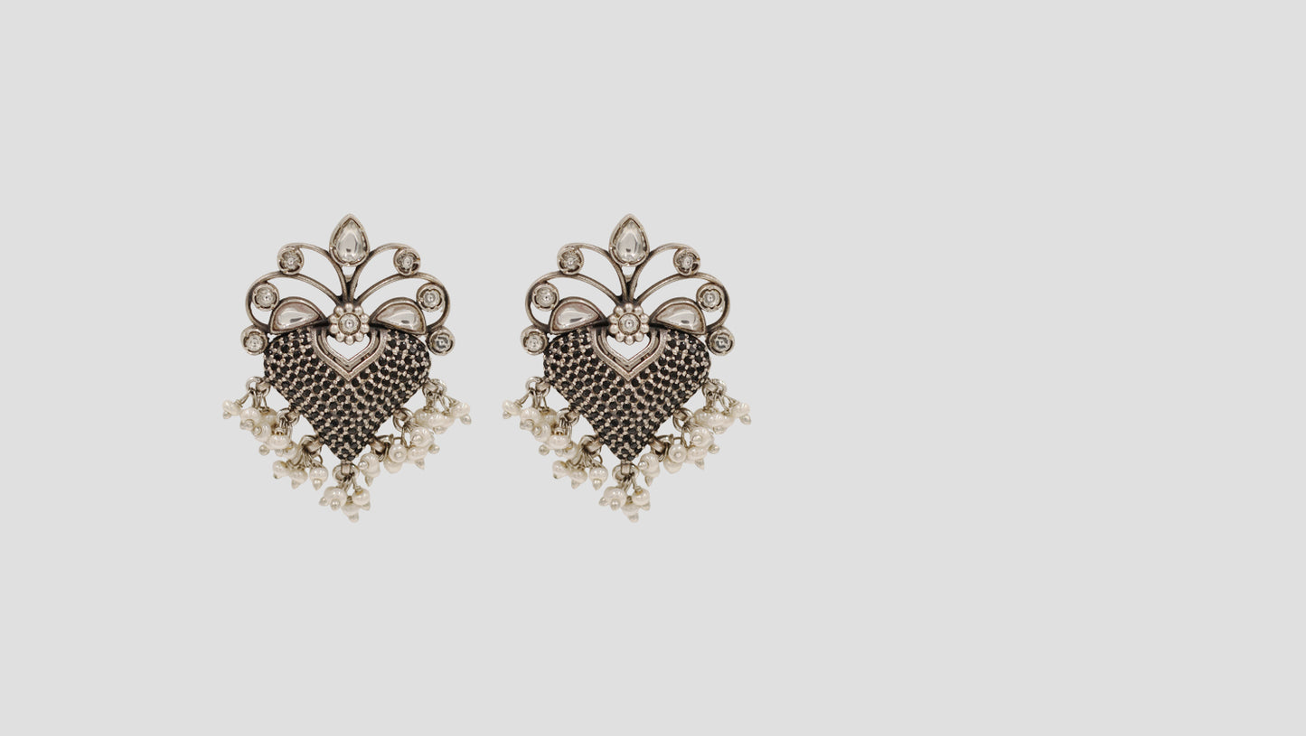 Sangeeta Boochra Oxidised Silver Kundan & Pearl Statement Earrings