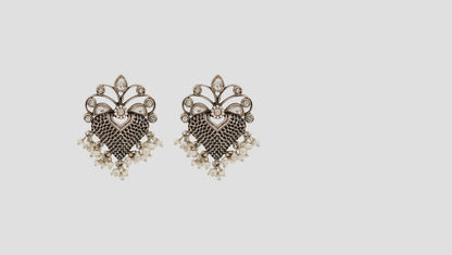 Sangeeta Boochra Oxidised Silver Kundan & Pearl Statement Earrings