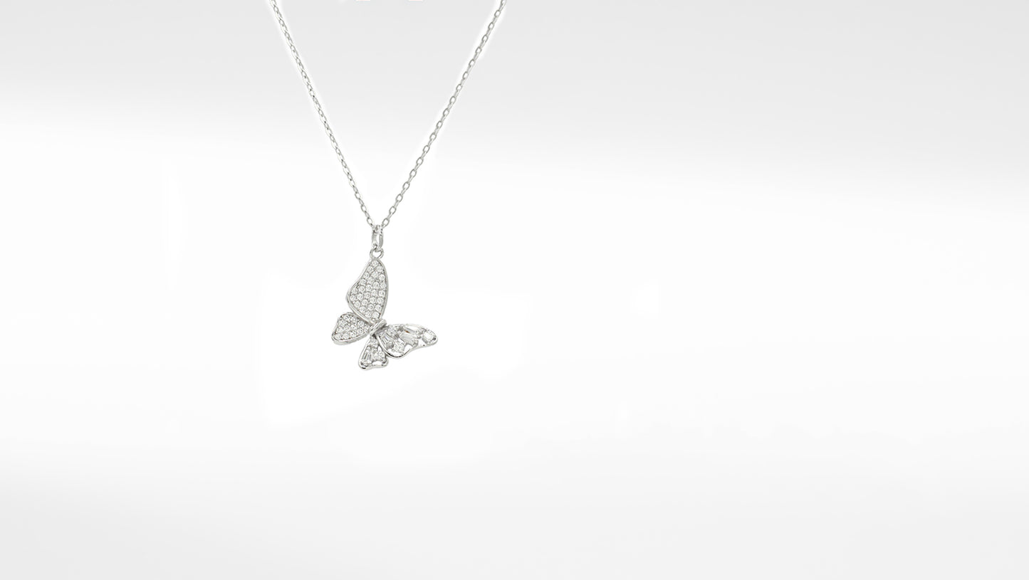 Silver-Plated CZ Butterfly Pendant & Chain