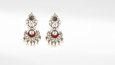 Sangeeta Boochra Red Green Silver Tone Handmade Earrings with Pearls