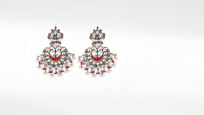 Sangeeta Boochra Red Silver Tone Handmade Earrings with Pearls