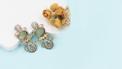 Handcrafted Jade Studded Silver Earrings
