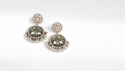 Sangeeta Boochra Red Green Silver Tone Handmade Earrings with Pearls