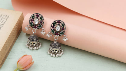 Sangeeta Boochra Handcrafted Oxidised Silver Earrings with Pearl Drops