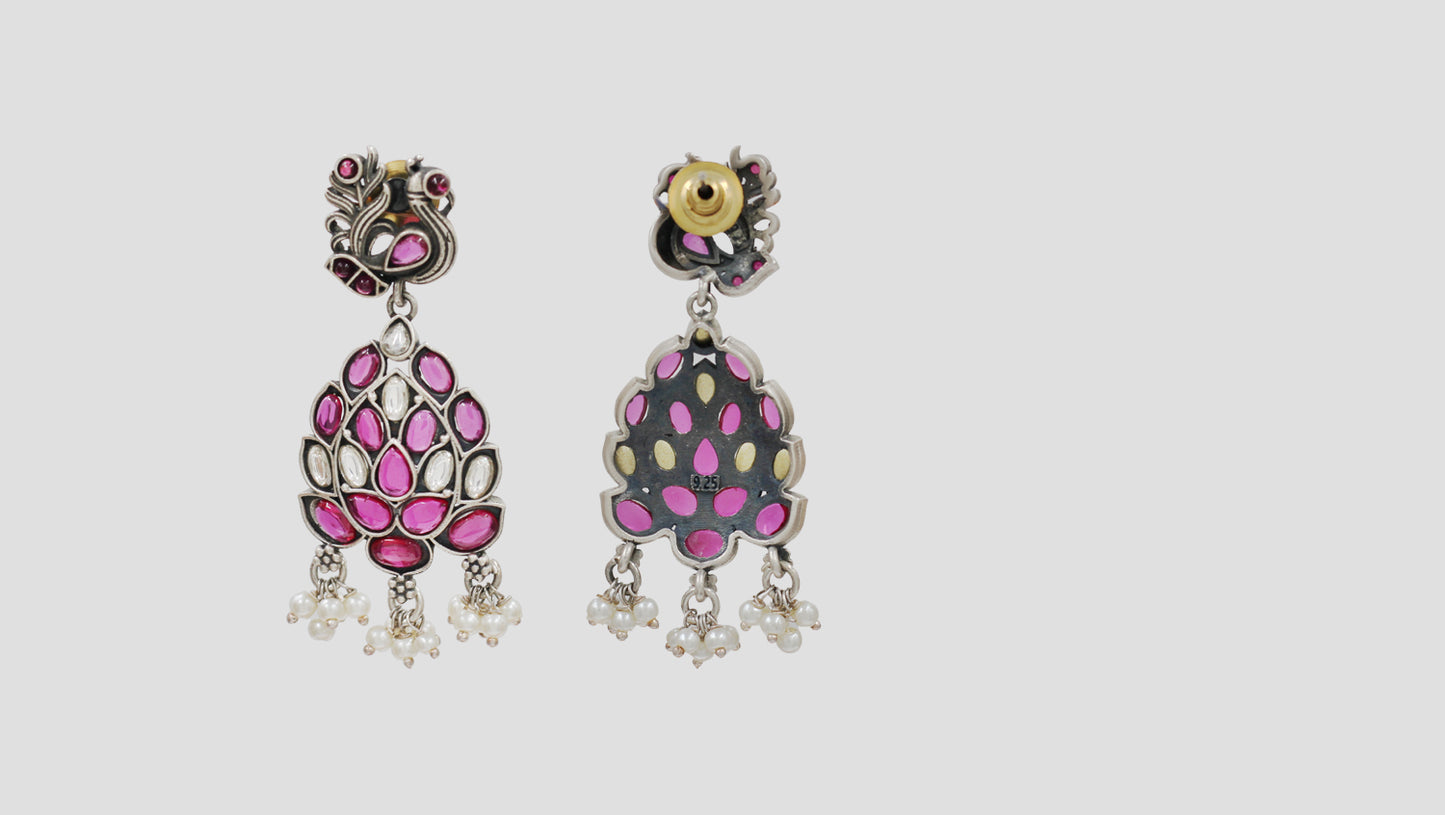 Heritage Peacock Silver Kundan Danglers