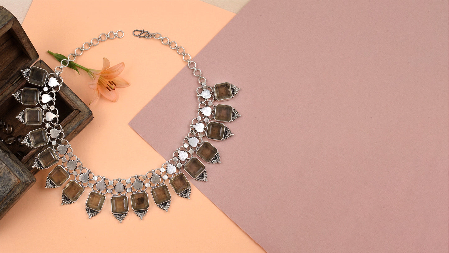Sangeeta Boochra Handcrafted Silver Necklace with Smoky Quartz Drops
