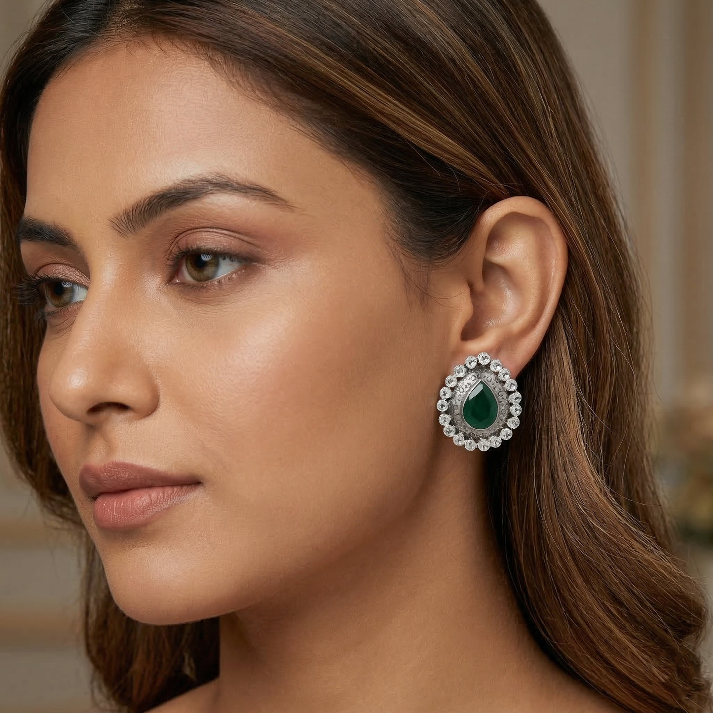 Sangeeta Boochra Emerald Teardrop Moissanite Silver Studs
