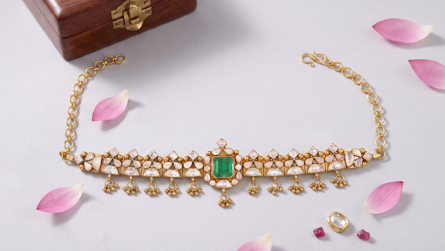Sangeeta Boochra Gold Plated Sterling Silver Heritage Choker with Moissanite & Green Stone