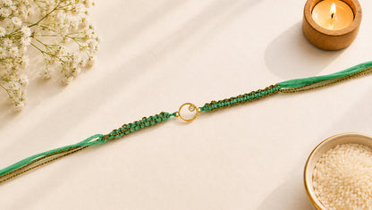 925 Sterling Silver Gold Finish Circle Rakhi with Green Thread | Sangeeta Boochra
