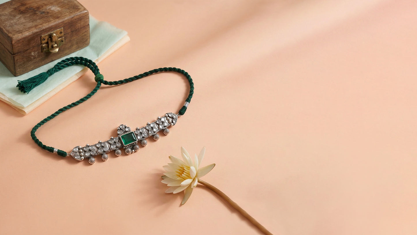 Sangeeta Boochra Handcrafted Oxidised Silver Choker with Green Stone Accent