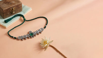 Sangeeta Boochra Handcrafted Oxidised Silver Choker with Green Stone Accent