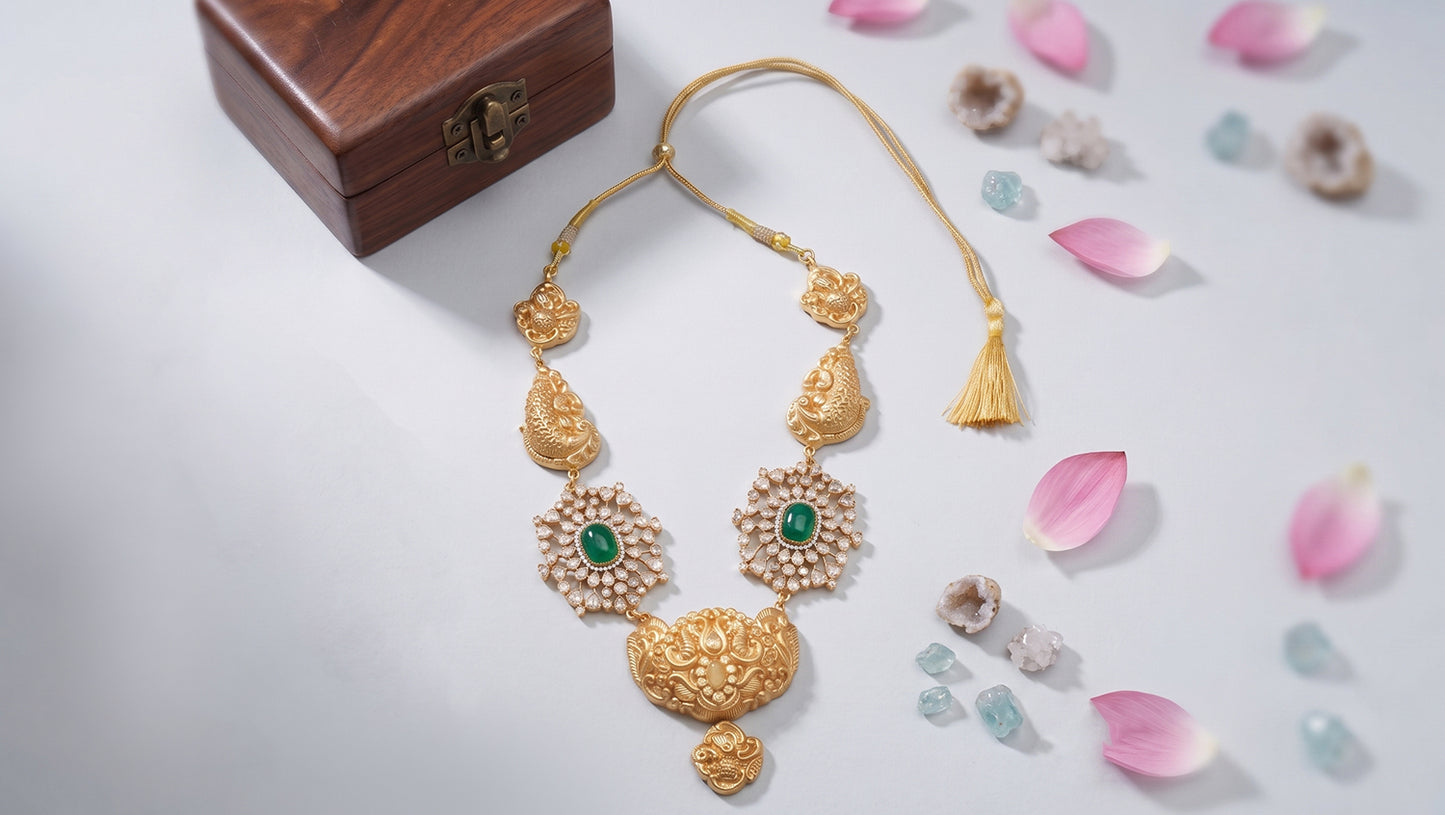 Sangeeta Boochra Handcrafted Gold Plated Silver Statement Necklace with Moissanite Detailing