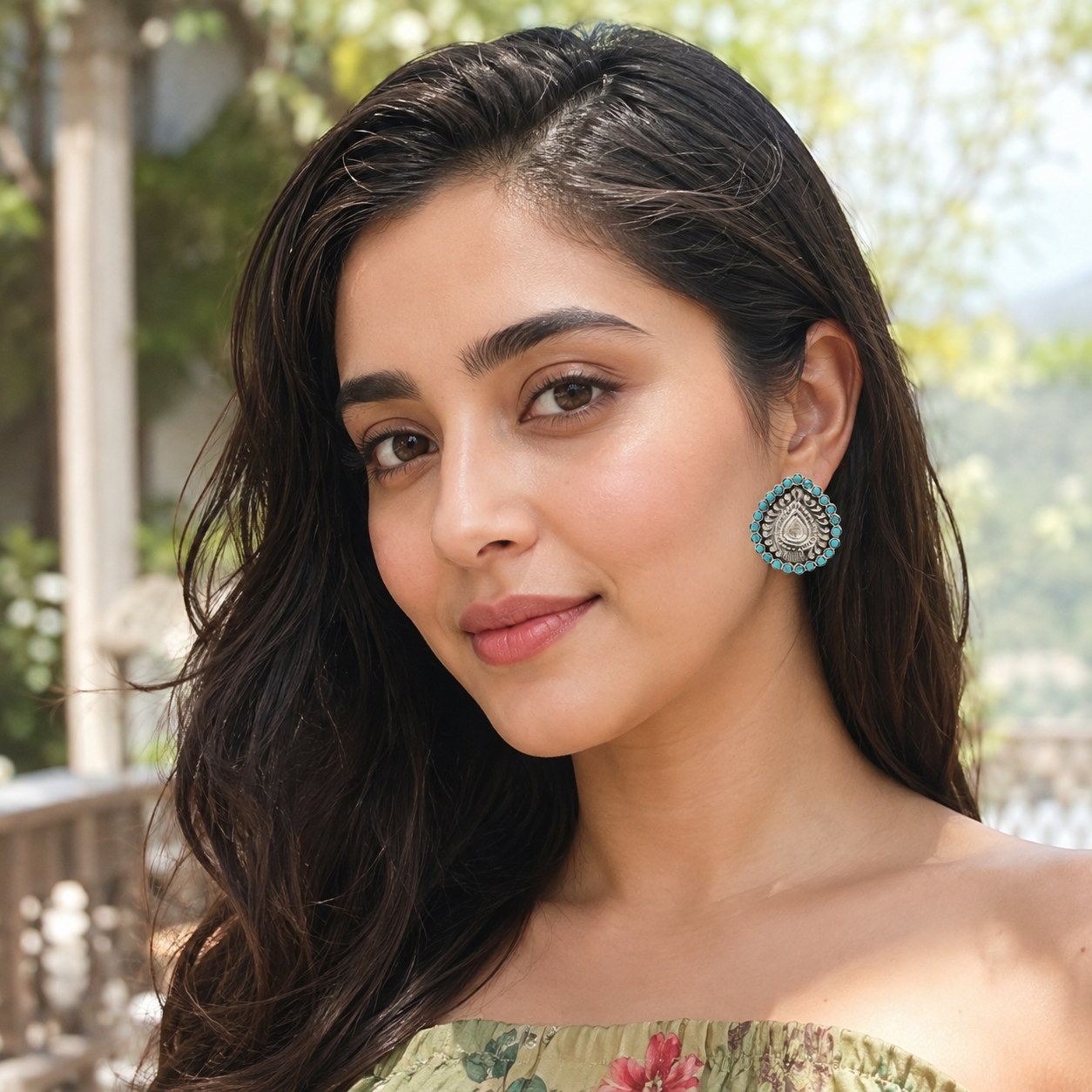 Sangeeta Boochra Oxidised Silver Stud Earrings with Turquoise Stone Detailing