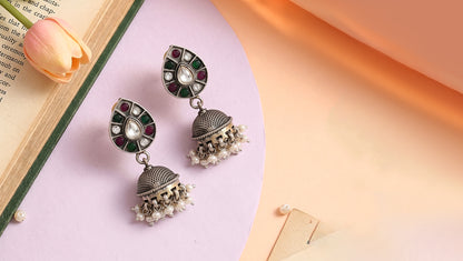 Sangeeta Boochra Handcrafted Oxidised Silver Kundan Jhumka with Pearl Drops
