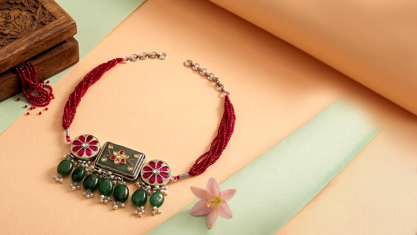 Sangeeta Boochra Red Beaded Silver Choker with Floral Motifs