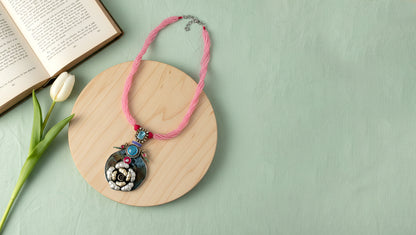 Sangeeta Boochra Pink Beaded Silver Pendant Necklace with Floral Detailing