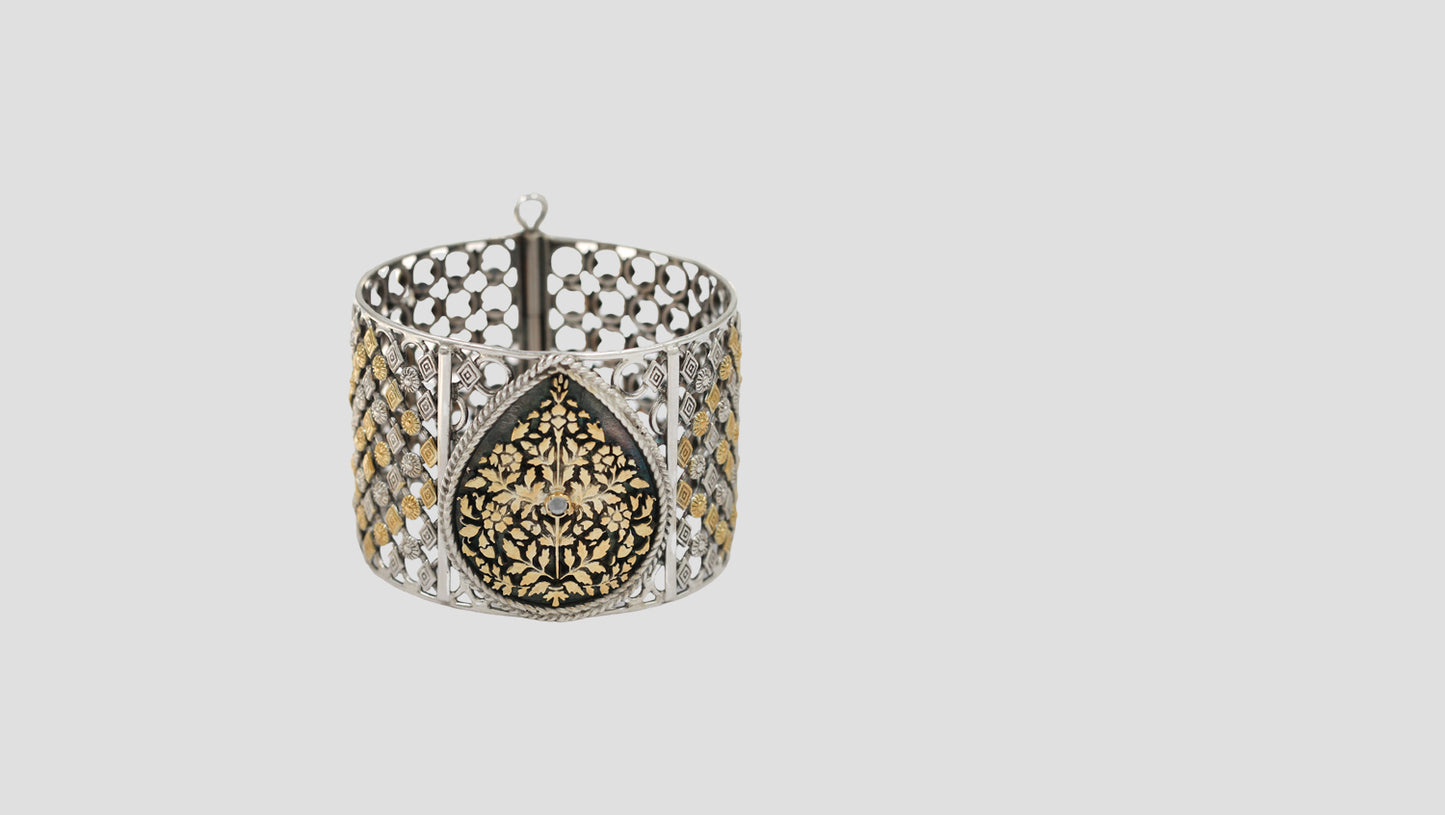 Sangeeta Boochra Statement Silver Bangle with Gold Accents & Floral Motif