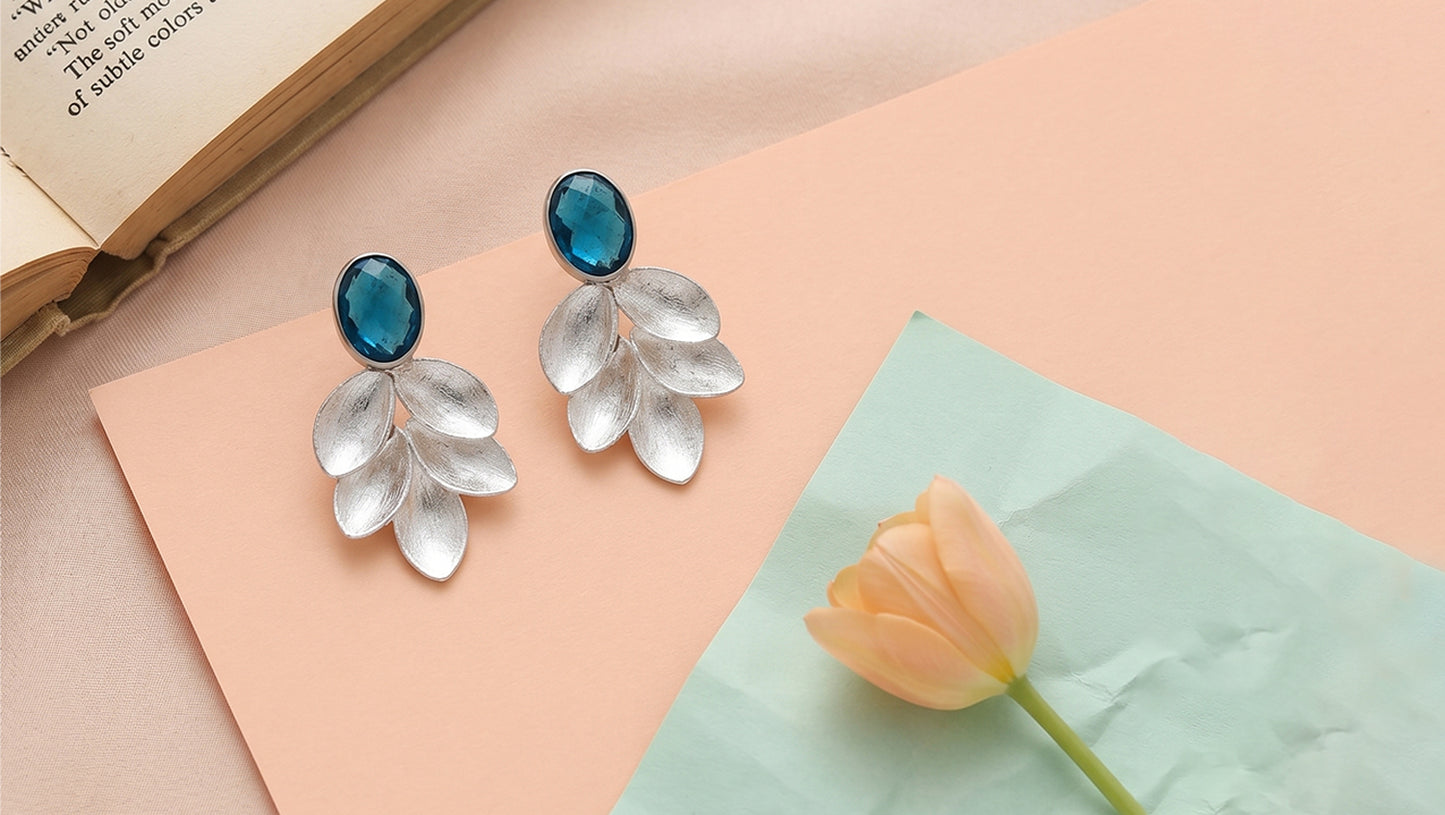 Sangeeta Boochra Oxidised Silver Blue Stone Floral Drop Earrings