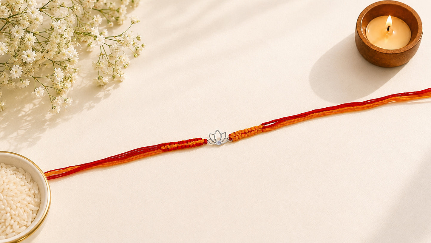 925 Sterling Silver Lotus Rakhi with Red & Orange Thread | Sangeeta Boochra