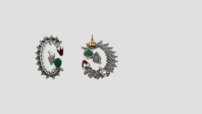 Sangeeta Boochra Handcrafted Bird Motif Oxidised Silver Statement Earrings with Green Stones