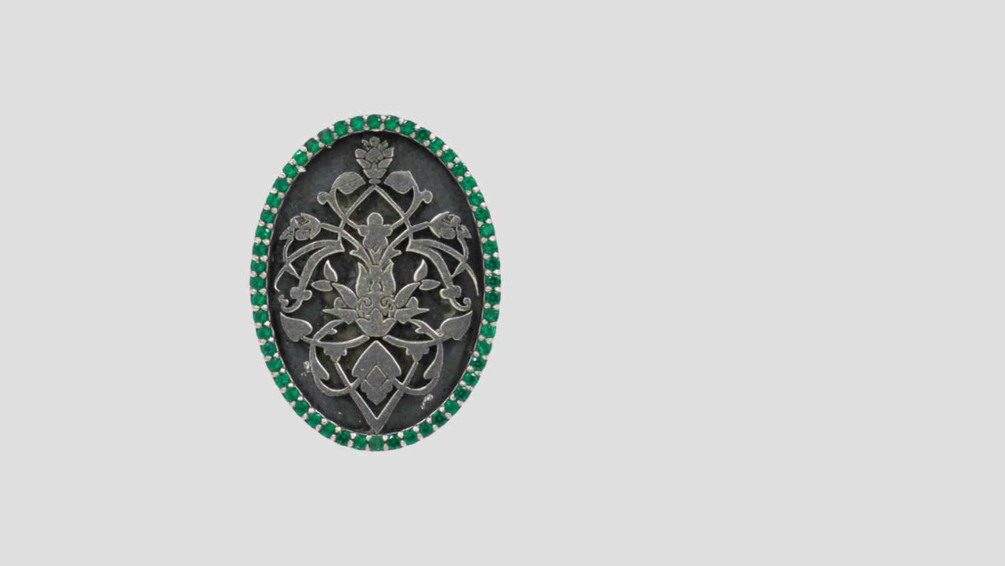Sangeeta Boochra Artisan Oxidized Silver Brooch with Intricate Floral Engraving