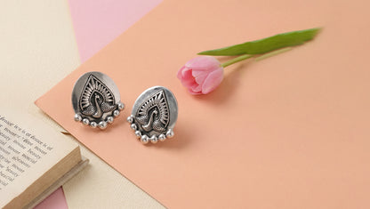 Sangeeta Boochra Peacock Motif Oxidised Silver Statement Earrings