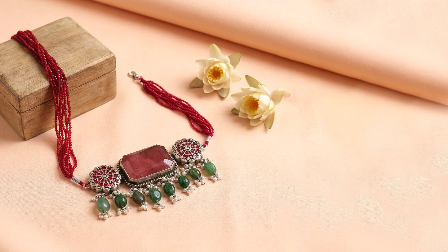 Sangeeta Boochra Festive Silver Choker with Stone and Bead Accents