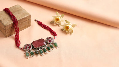 Sangeeta Boochra Festive Silver Choker with Stone and Bead Accents