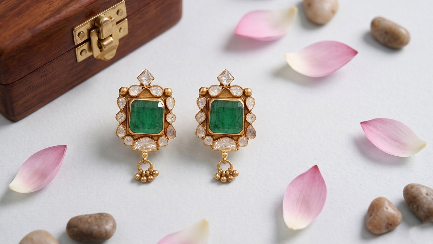 Sangeeta Boochra Gold Plated Sterling Silver Statement Earrings with Green Stone & Moissanite