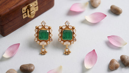 Sangeeta Boochra Gold Plated Sterling Silver Statement Earrings with Green Stone & Moissanite