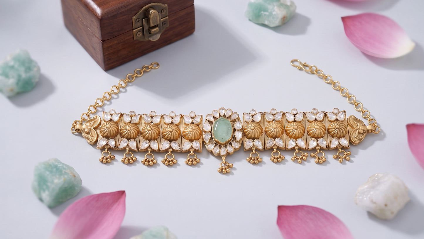 Sangeeta Boochra Artisan Gold Plated Silver Floral Statement Choker with Moissanite Detailing